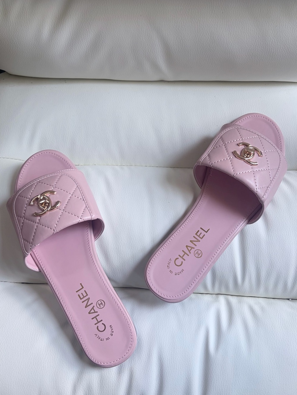 CHANEL Pink Quilted Leather Slide Sandals with Gold CC Emblem